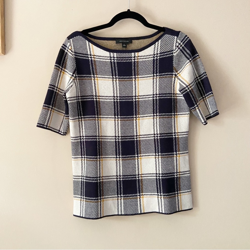Ann Taylor• black yellow/orange fall plaid wool blend short sleeve top